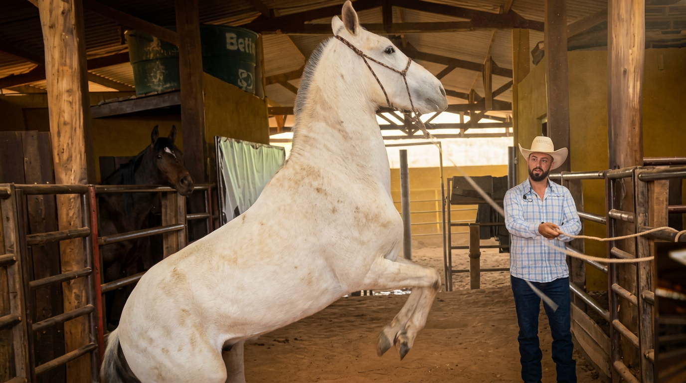 Diogo Biasetto no curral conduzindo um cavalo empinando